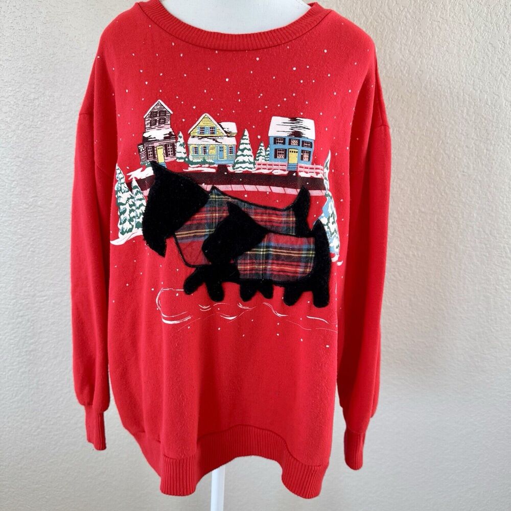 Vintage Scottie Dog Womens Christmas Holiday Sweater Medium Red Sweat Shirt USA